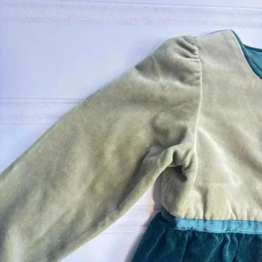 Hanna Andersson Girls Dress size 80 Holiday Green Velvet color block bow 18-24M - Picture 3 of 6